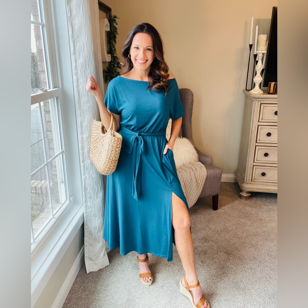 Small, blue, off the shoulder, tie waist, maxi dress